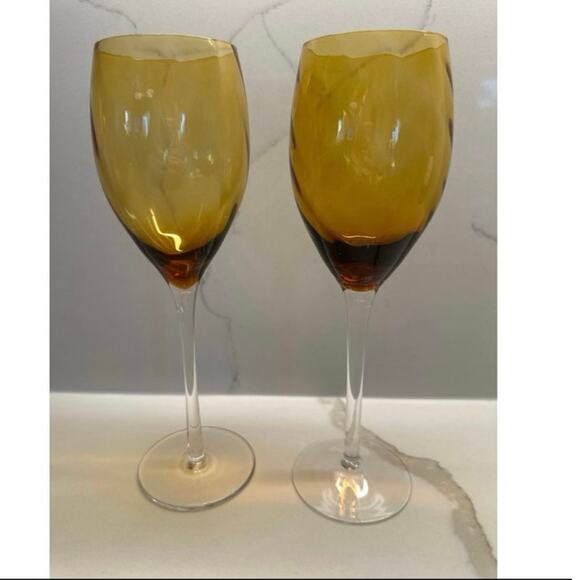 Set of 6 Amber Optic Swirl Wine Glasses Clear Stems 9" Tall Blown Glass 10 oz - Picture 1 of 6